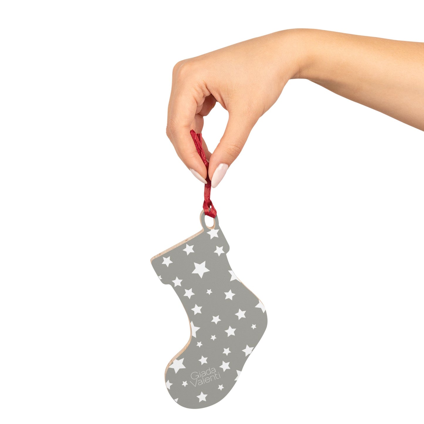 Giada Valenti | Christmas Stocking Wooden Ornament | Designed in Italy | Grey White Stars | Christmas Ornament | Christmas Gift