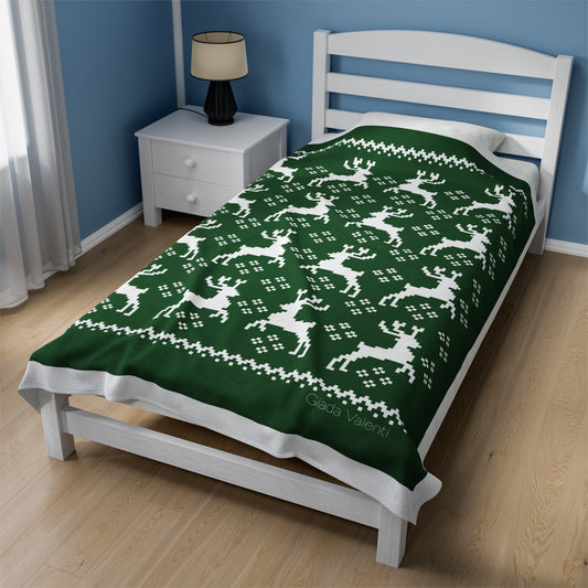 Jacquard Reindeer Christmas Velveteen Plush Blanket with Italian design print | 60x80 | Green | Giada Valenti | Christmas Gift