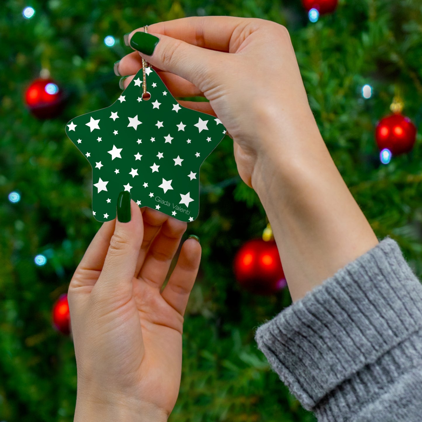 Christmas Stars Ceramic Ornament with exclusive Italian design print | White Green | Giada Valenti | Christmas Ornament | Christmas Gift