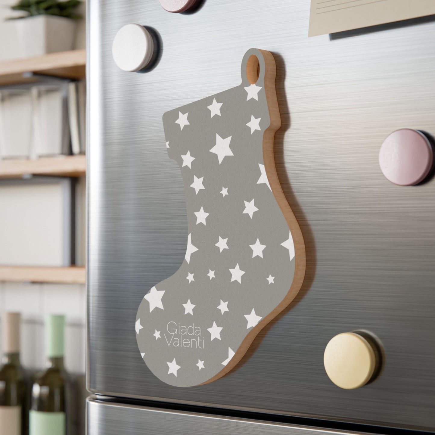 Giada Valenti | Christmas Stocking Wooden Ornament | Designed in Italy | Grey White Stars | Christmas Ornament | Christmas Gift