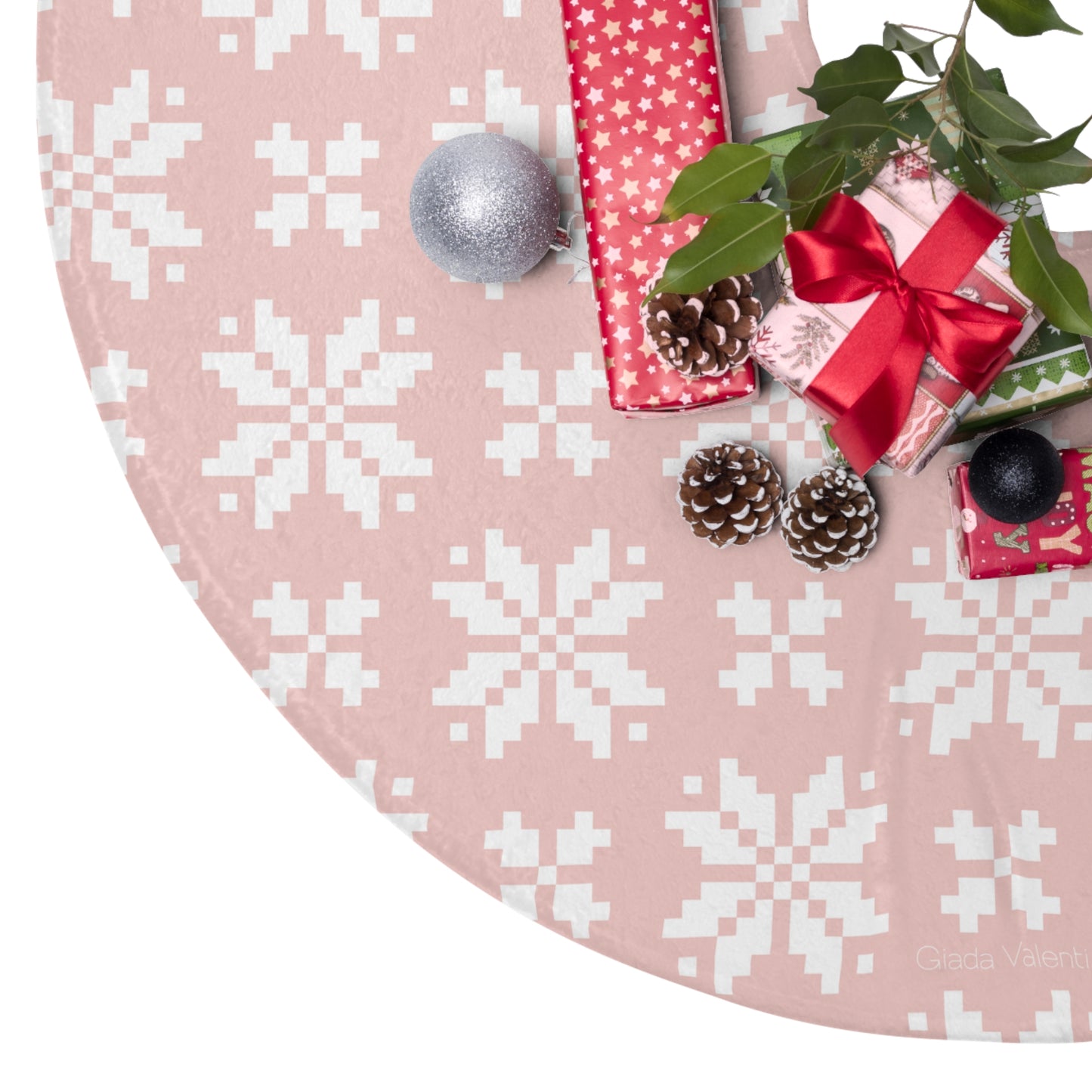 Jacquard Snowflake Christmas Tree Skirt with Italian Design print | Pink | Giada Valenti | Christmas Decoration | Christmas Gift