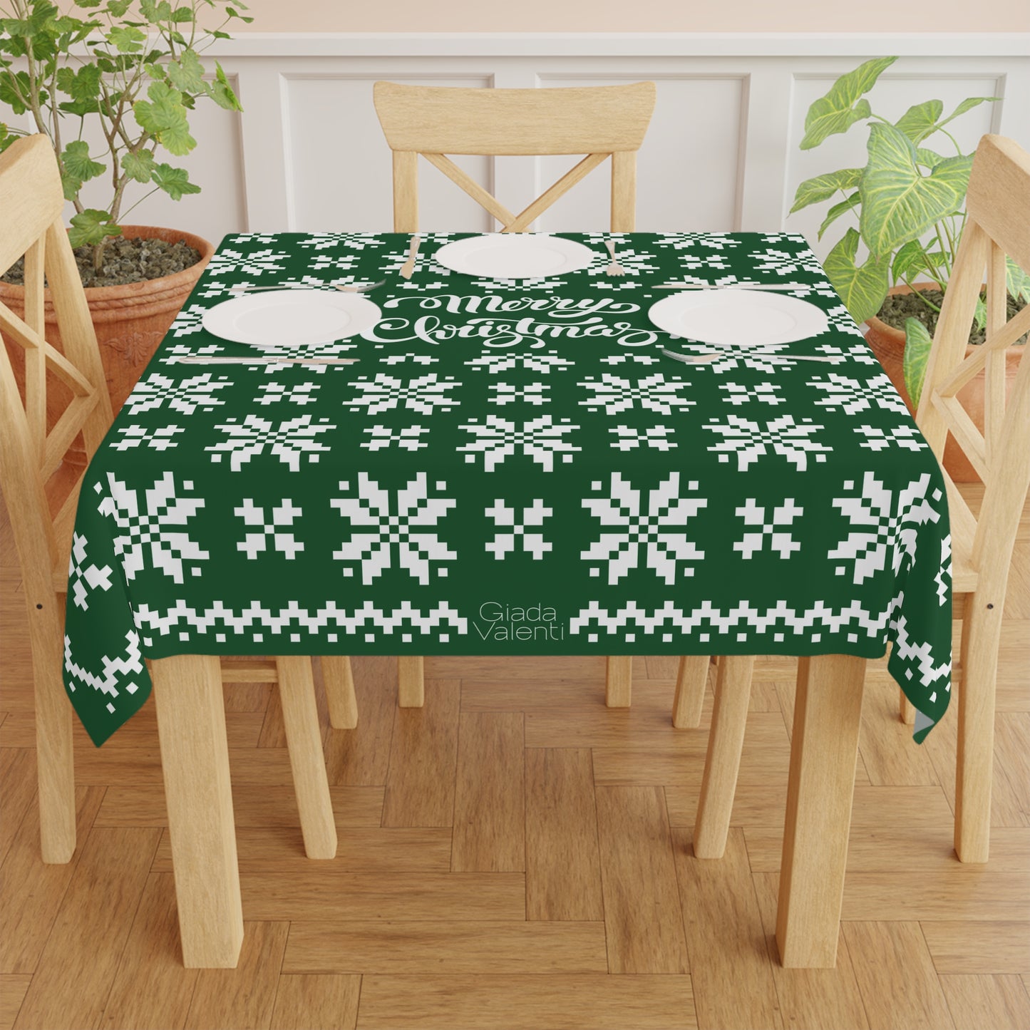 Jacquard Snowflake Christmas Tablecloth with Italian Design print | Green White | Giada Valenti | Christmas Decoration | Christmas Gift