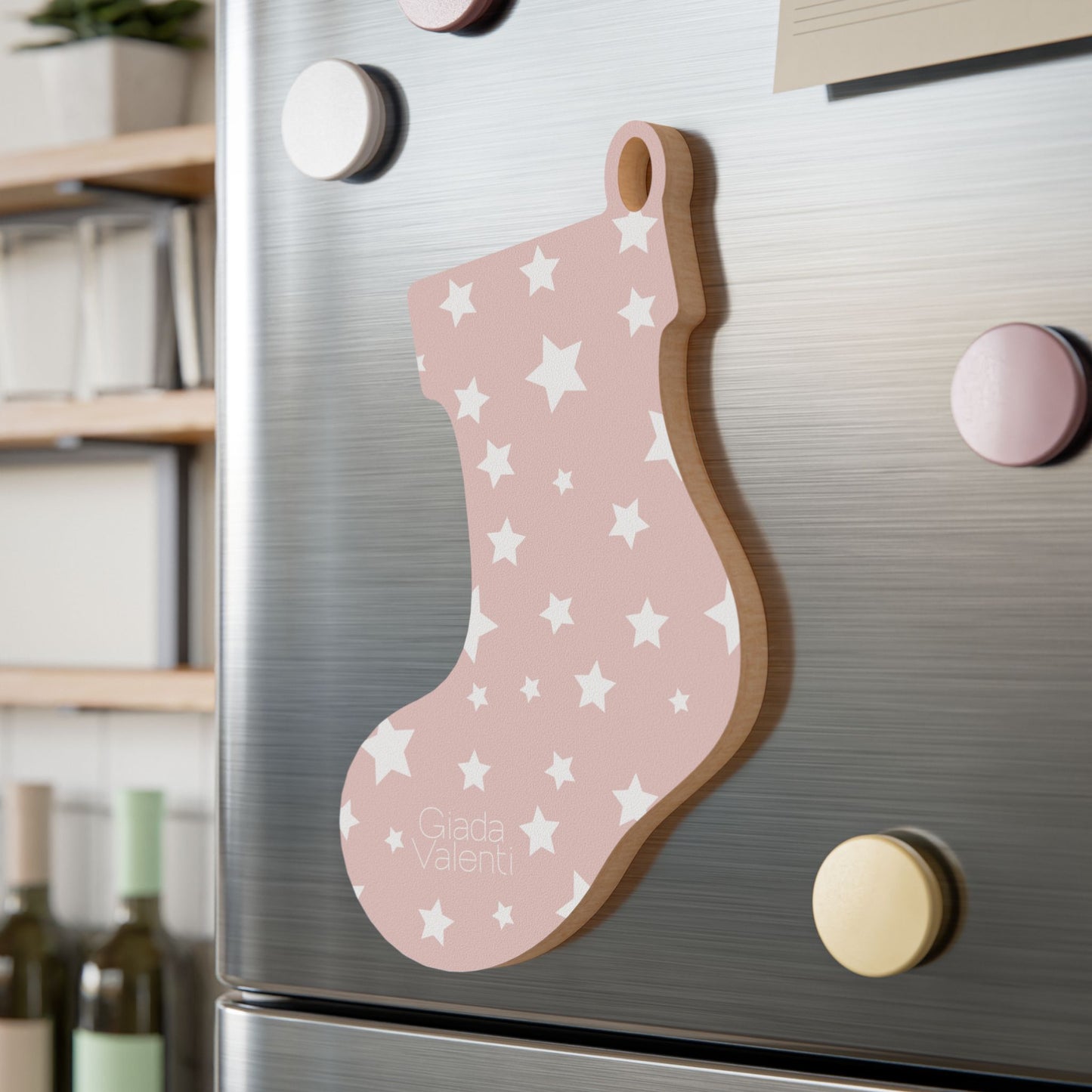 Giada Valenti | Christmas Stocking Wooden Ornament | Designed in Italy | Pink White Stars | Christmas Ornament | Christmas Gift