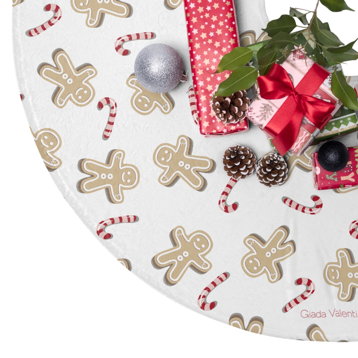 Gingerbread Candy Cane Tree Skirt with Italian Design print | White | Giada Valenti | Christmas Decoration | Christmas Gift