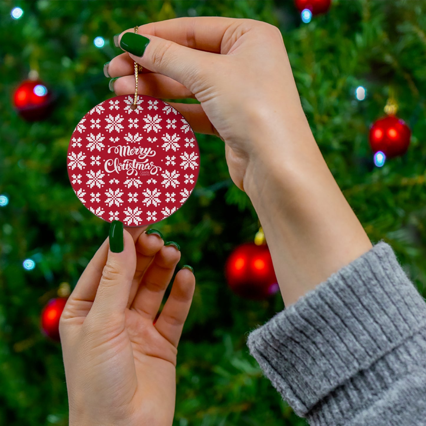 Merry Christmas Ceramic Ornament with Italian Design print | Jacquard Snowflake Red | Giada Valenti Collection