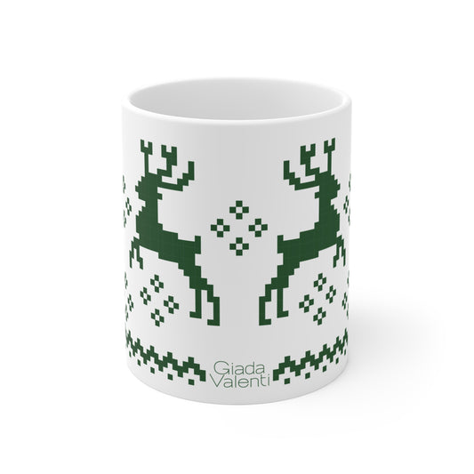 Jacquard Reindeer Christmas Mug with exclusive Italian design print (11oz) | Green | Giada Valenti Collection