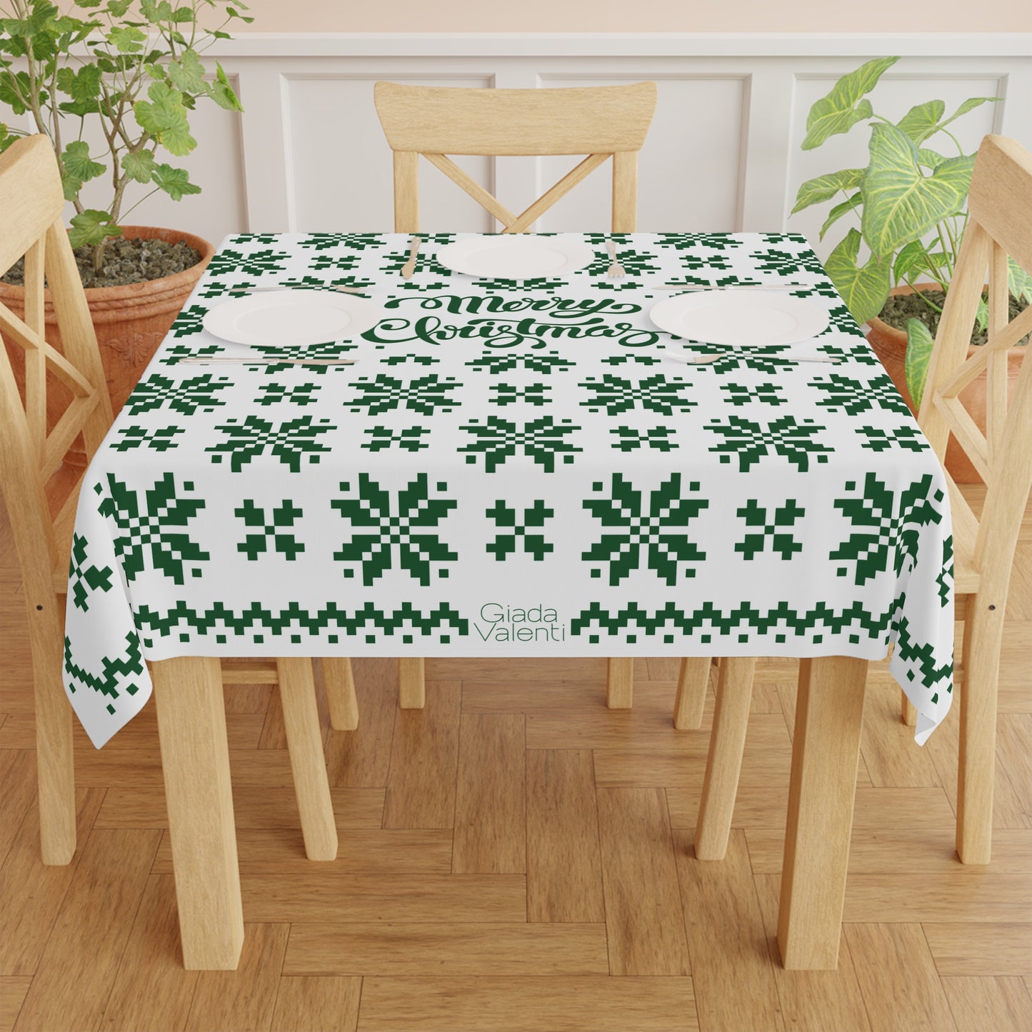 Jacquard Snowflake Christmas Tablecloth with Italian Design print | White Green | Giada Valenti | Christmas Decoration | Christmas Gift