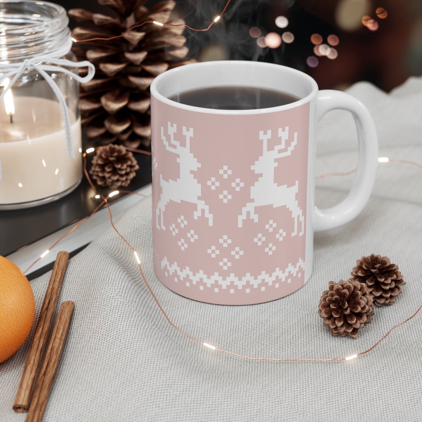 Jacquard Reindeer Christmas Mug with exclusive Italian design print (11oz) | Pink | Giada Valenti Collection