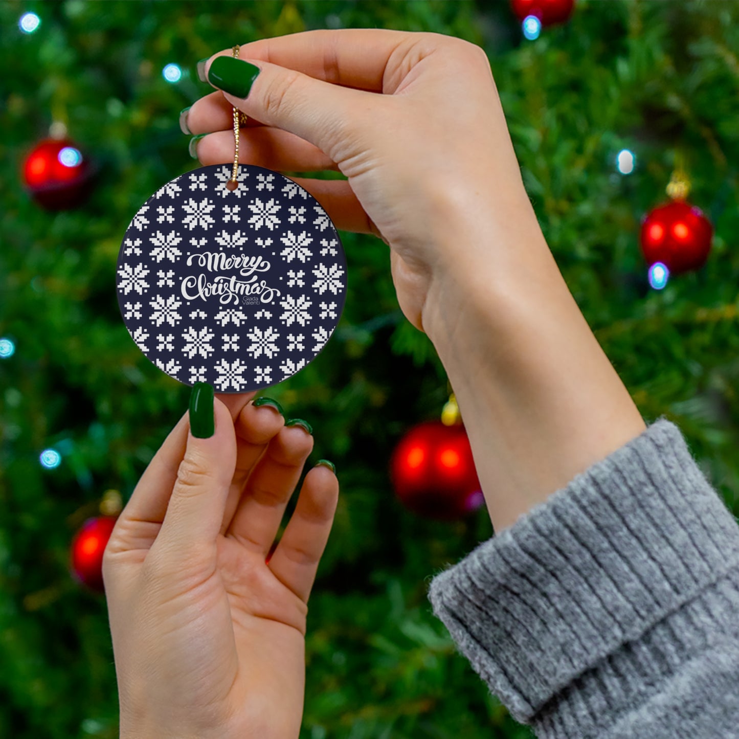 Marry Christmas Ceramic Ornament with Italian Design print | Jacquard Snowflake | Blue | Giada Valenti | Christmas Ornament | Christmas Gift