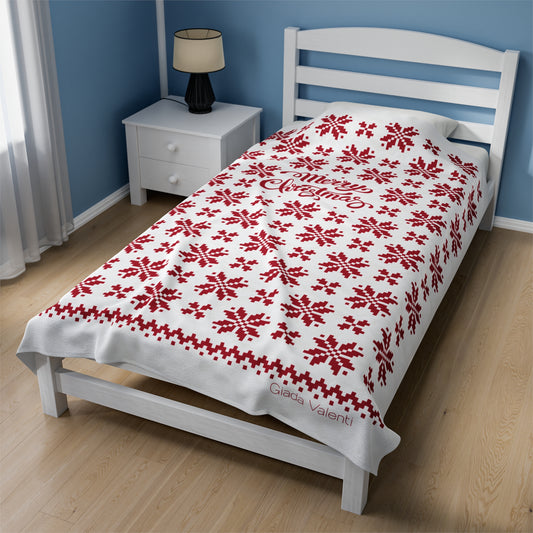 Jacquard Snowflake Christmas Velveteen Plush Blanket with Italian design print | 60x80 | Red | Giada Valenti Collection