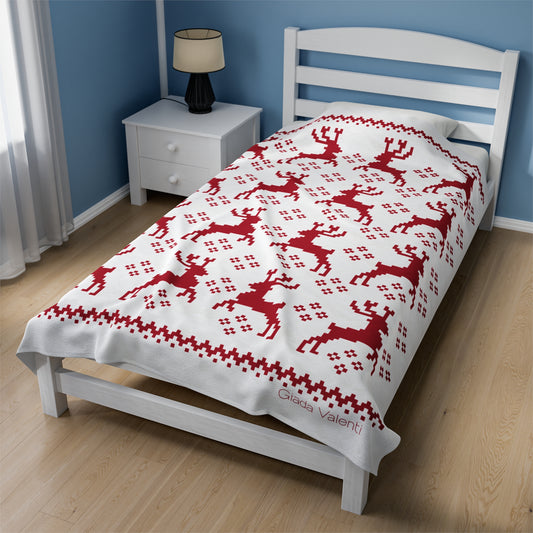 Jacquard Reindeer Christmas Velveteen Plush Blanket with Italian design print | 60X80 | White Red | Giada Valenti | Christmas Gift