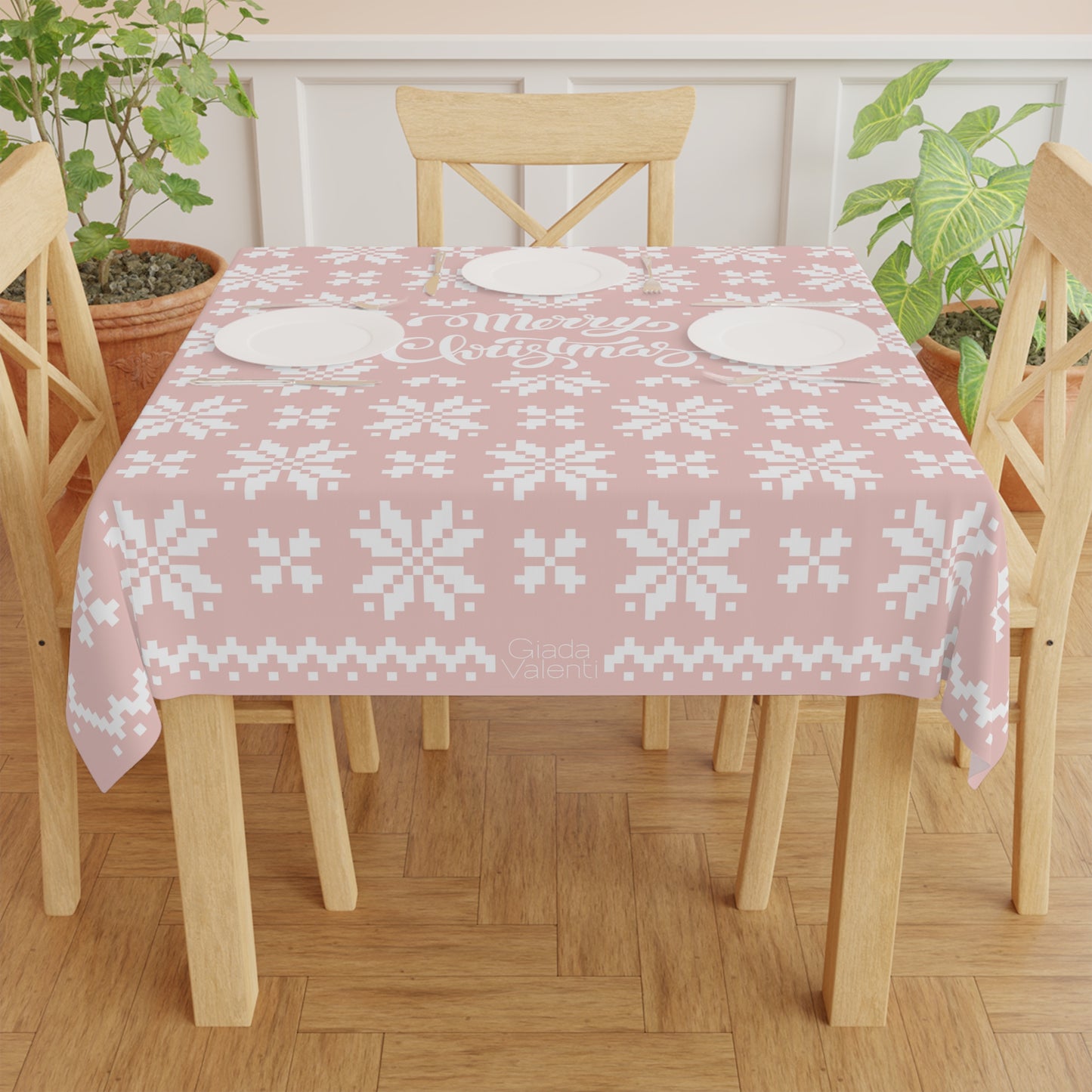 Jacquard Snowflake Christmas Tablecloth with Italian Design print | Pink | Giada Valenti Collection