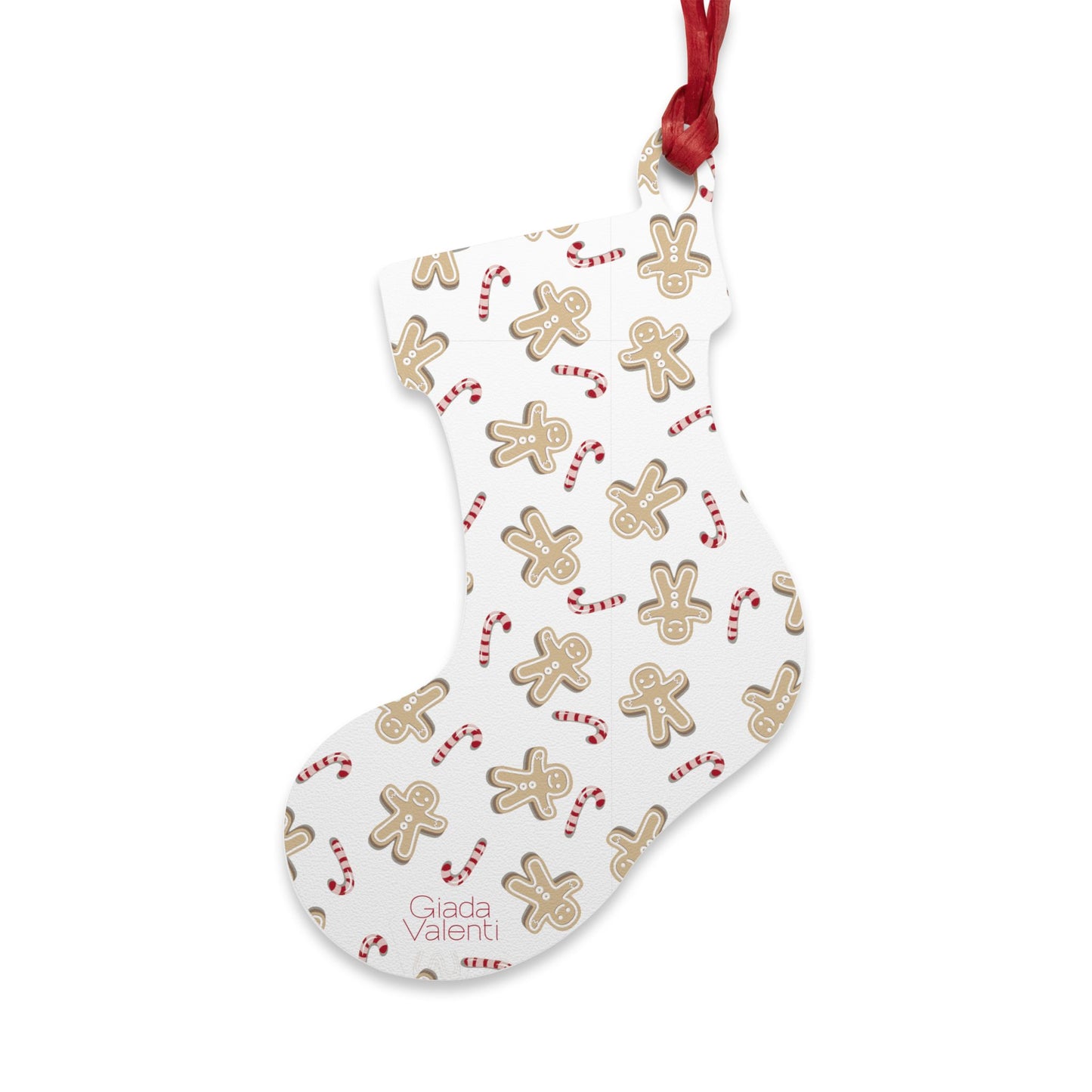 Ginger Bread Candy Cane Sock Shape Wooden Ornaments with Italian design print | White |Giada Valenti | Christmas Gift