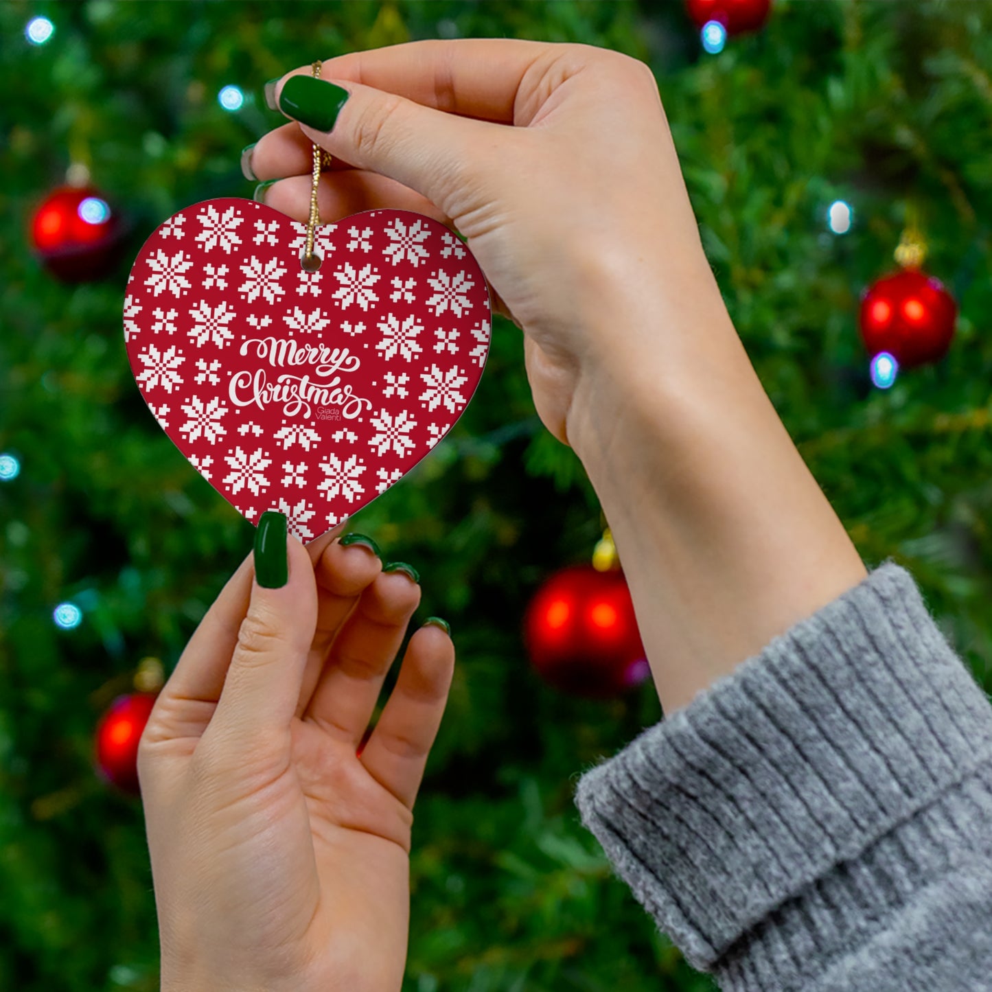 Ceramic Ornament | Heart Shape | Jacquard Snowflake Red | Giada Valenti Collection