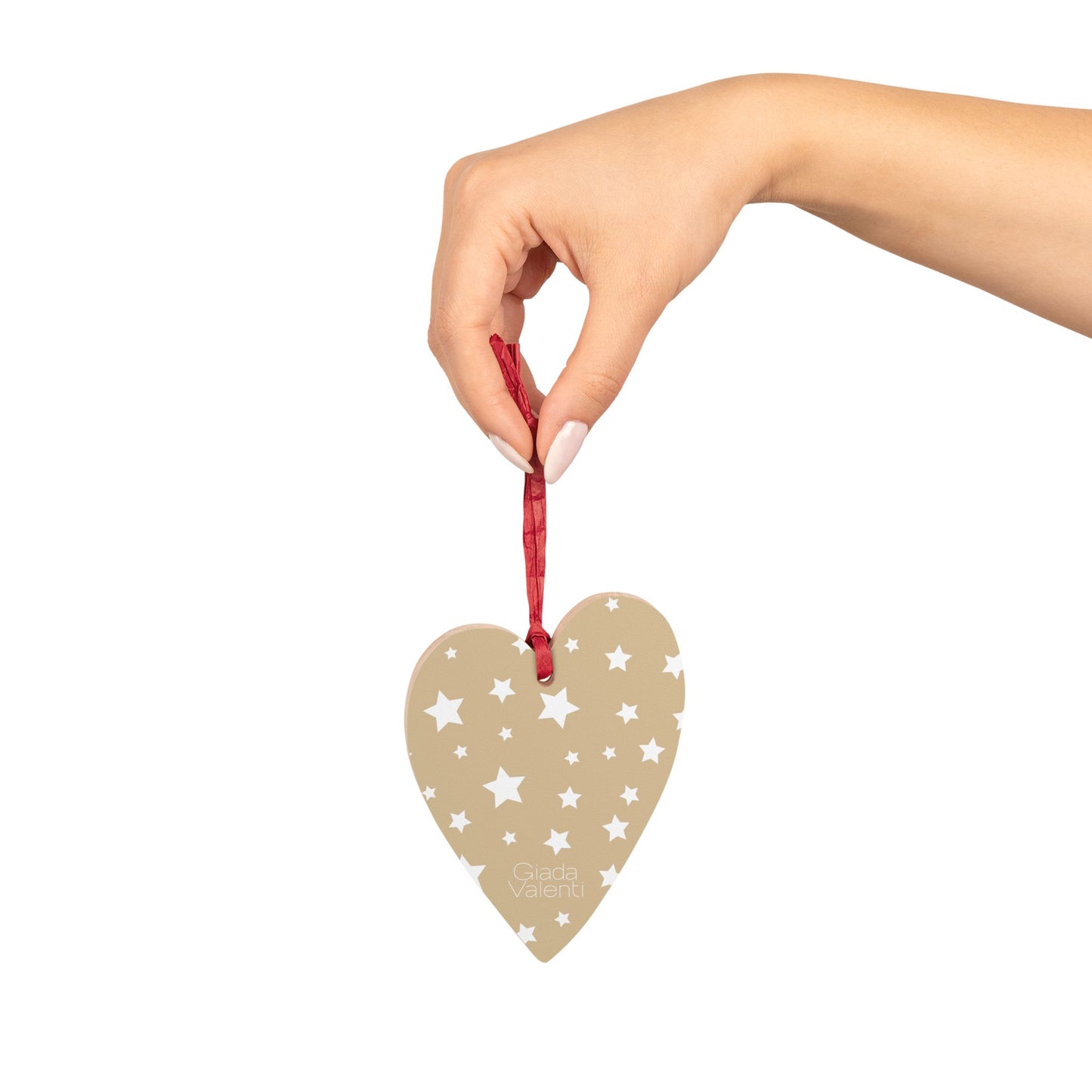 Giada Valenti | Heart Shape Wooden Ornament | Designed in Italy | Beige White Stars | Christmas Ornament | Christmas Gift