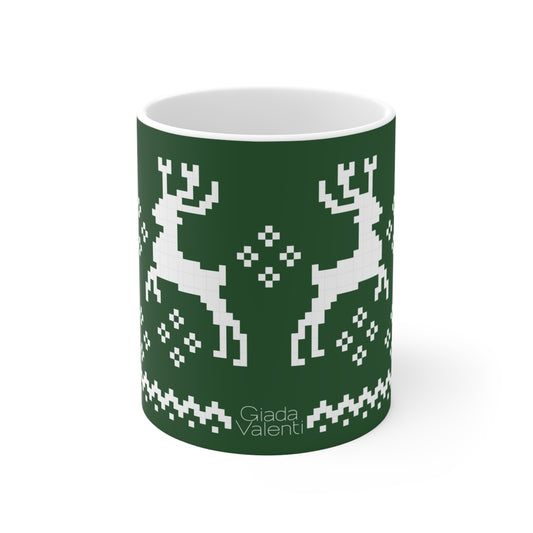 Jacquard Reindeer Christmas Mug with exclusive Italian design print (11oz) | Green | Giada Valenti Collection