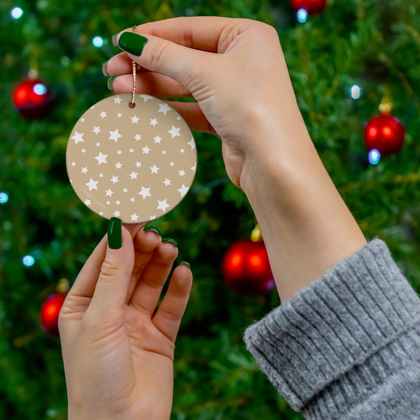 Ceramic Ornament with Italian Design print | Beige with White Stars | Giada Valenti Collection