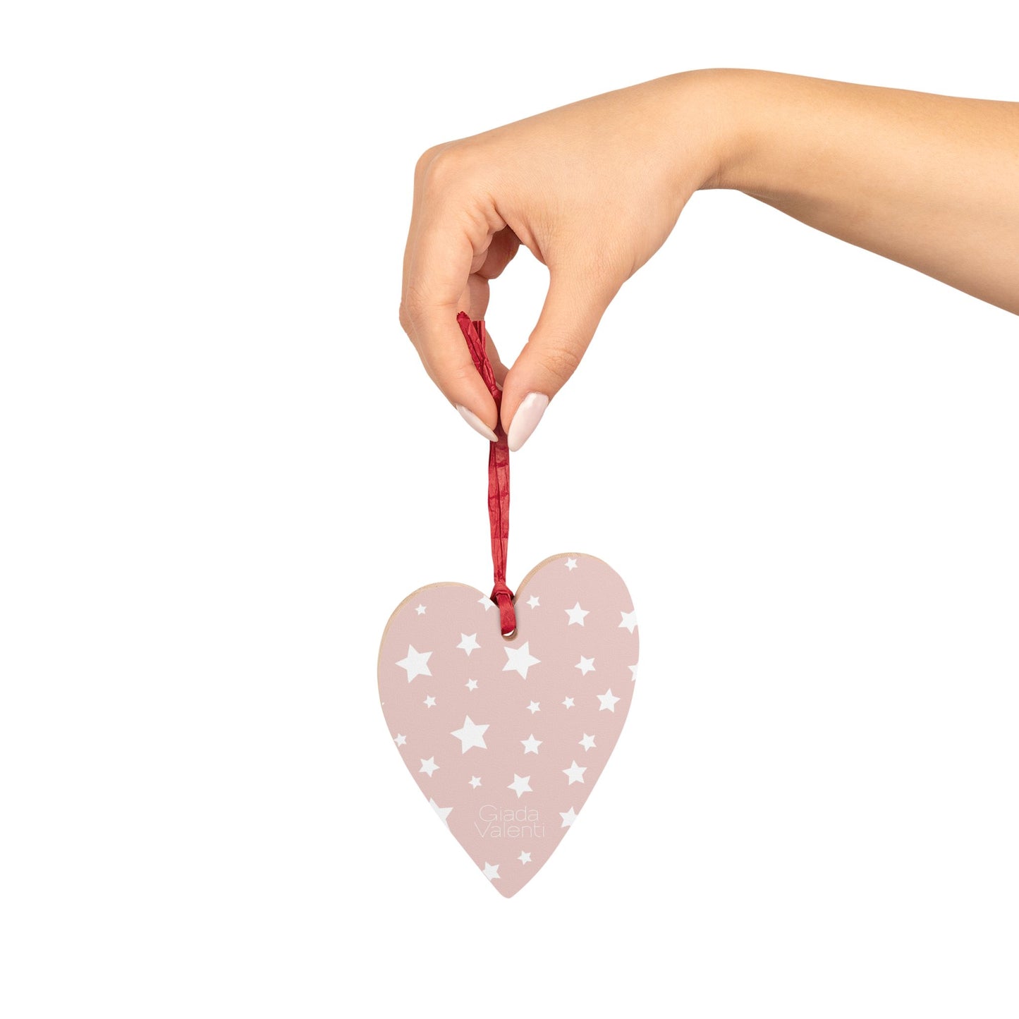 Giada Valenti | Heart Shape Wooden Ornament | Designed in Italy | Pink White Stars | Christmas Ornament | Christmas Gift