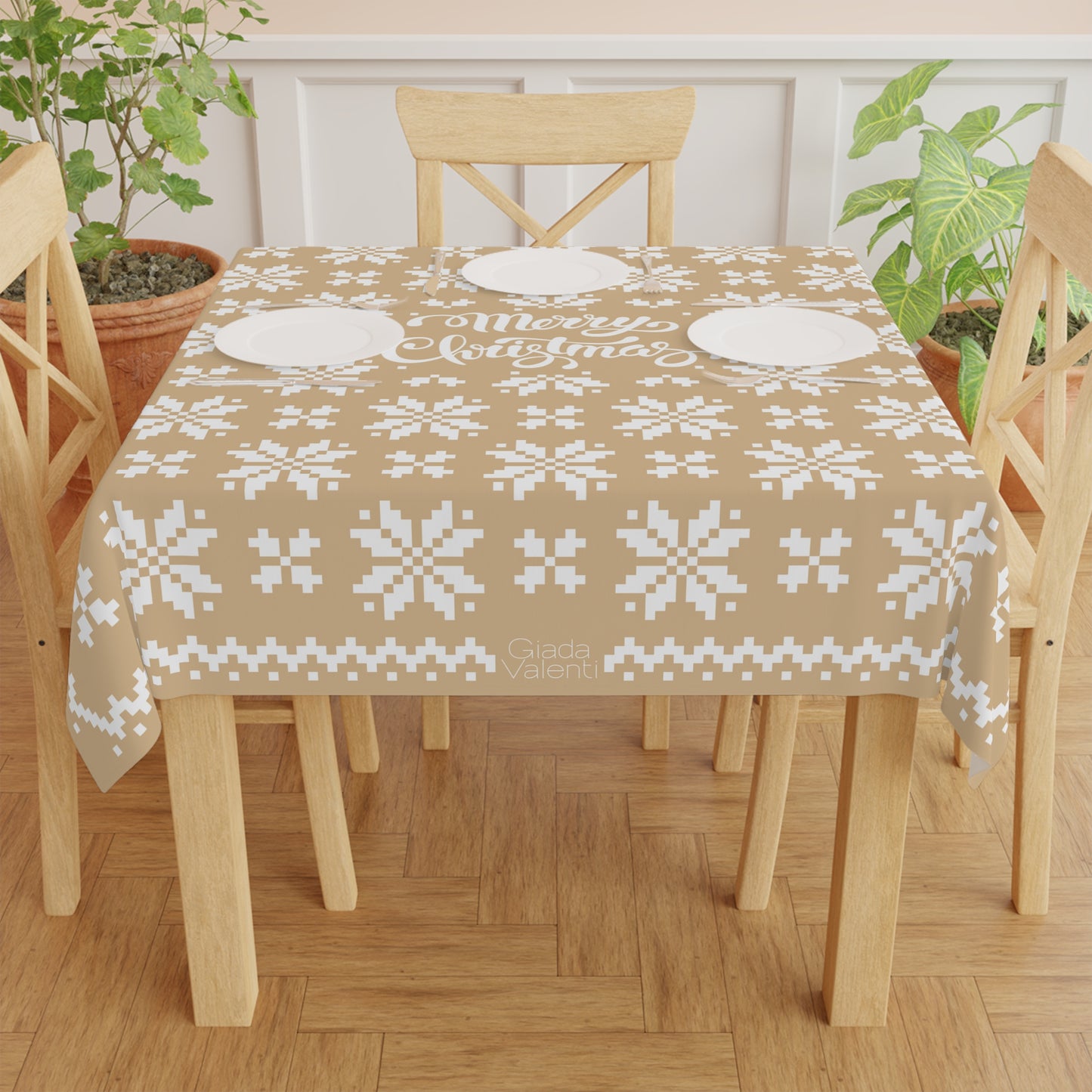 Jacquard Snowflake Christmas Tablecloth with Italian Design print | Beige | Giada Valenti | Christmas Decoration | Christmas Gift