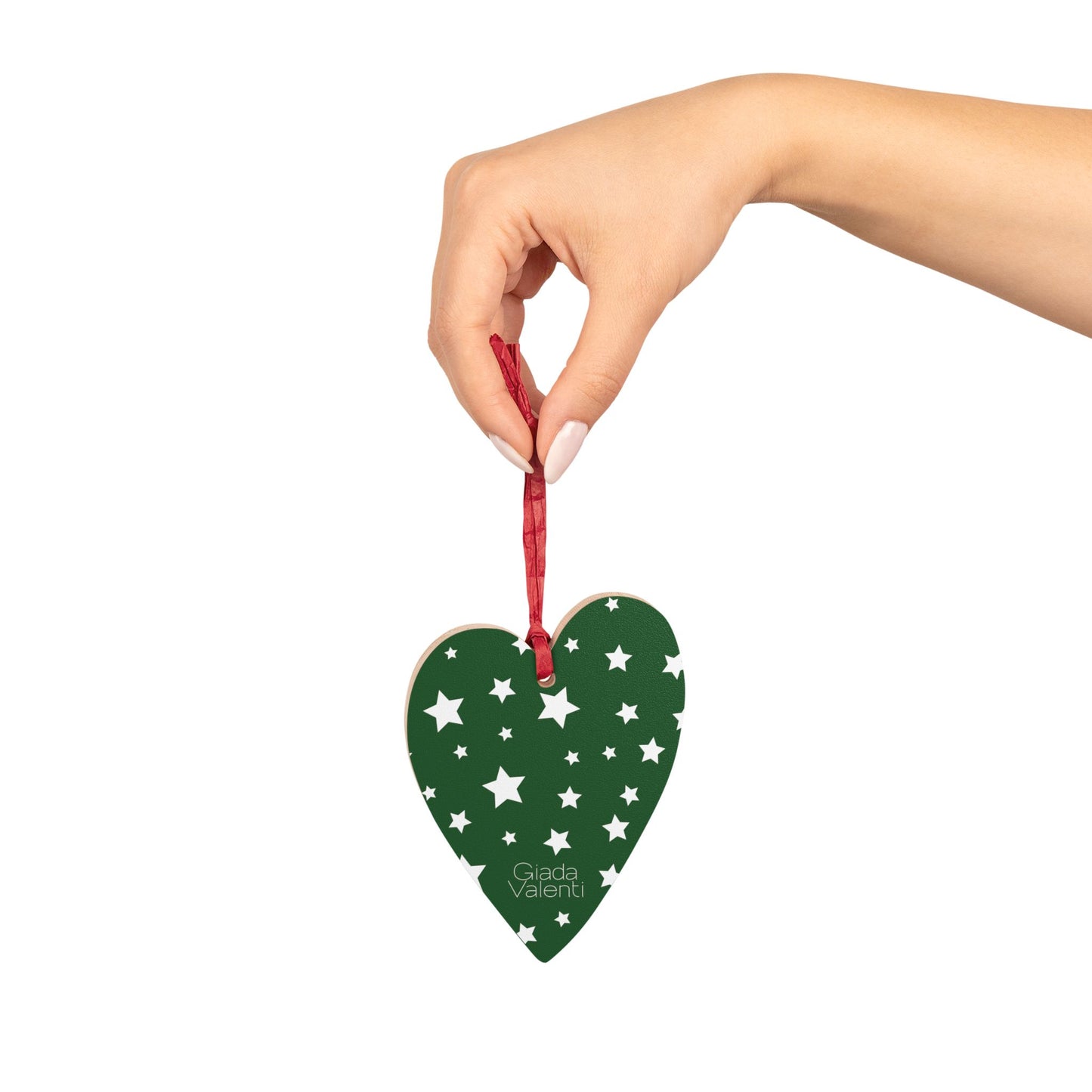 Giada Valenti | Heart Shape Wooden Ornament | Designed in Italy | Green White Stars | Christmas Ornament | Christmas Gift