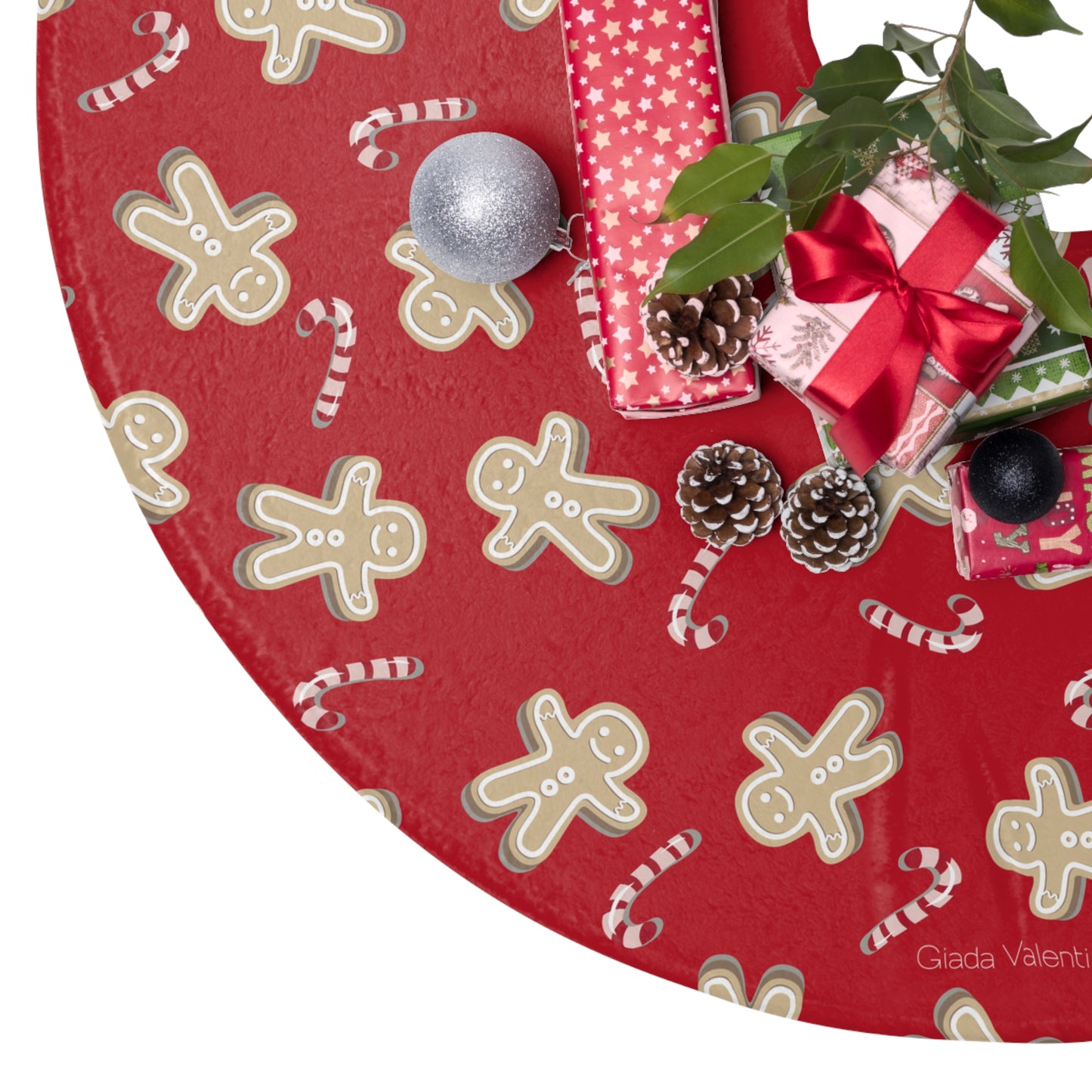 Ginger Bread Candy Cane Tree Skirt with Italian Design print | Red | Giada Valenti | Christmas Decoration | Christmas Gift