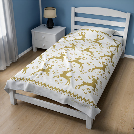 Jacquard Reindeer Christmas Velveteen Plush Blanket with Italian design print | 60X80 | White Gold | Giada Valenti | Christmas Gift