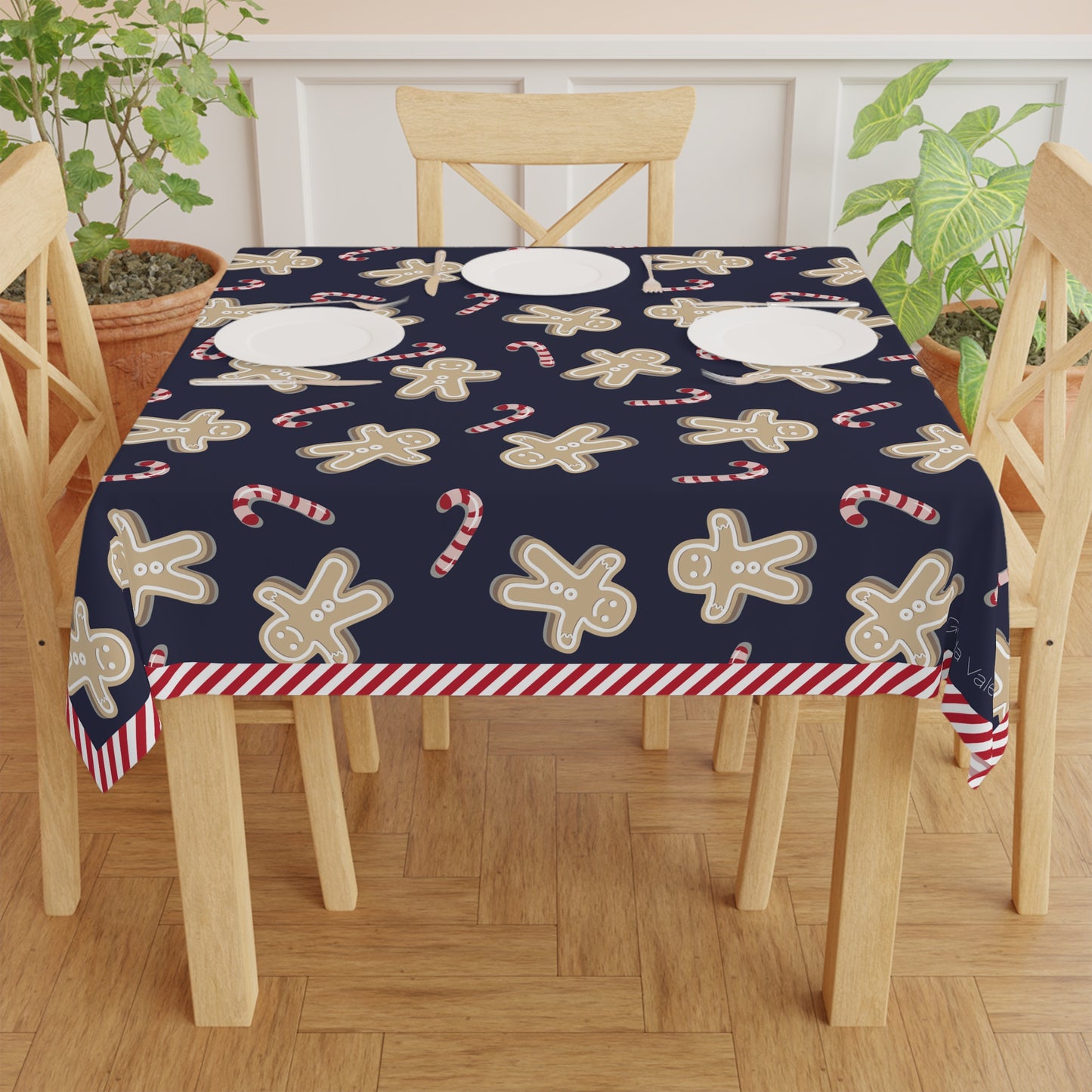 Gingerbread Candy Cane Tablecloth with Italian Design print | Blue | Giada Valenti | Christmas Decoration | Christmas Gift