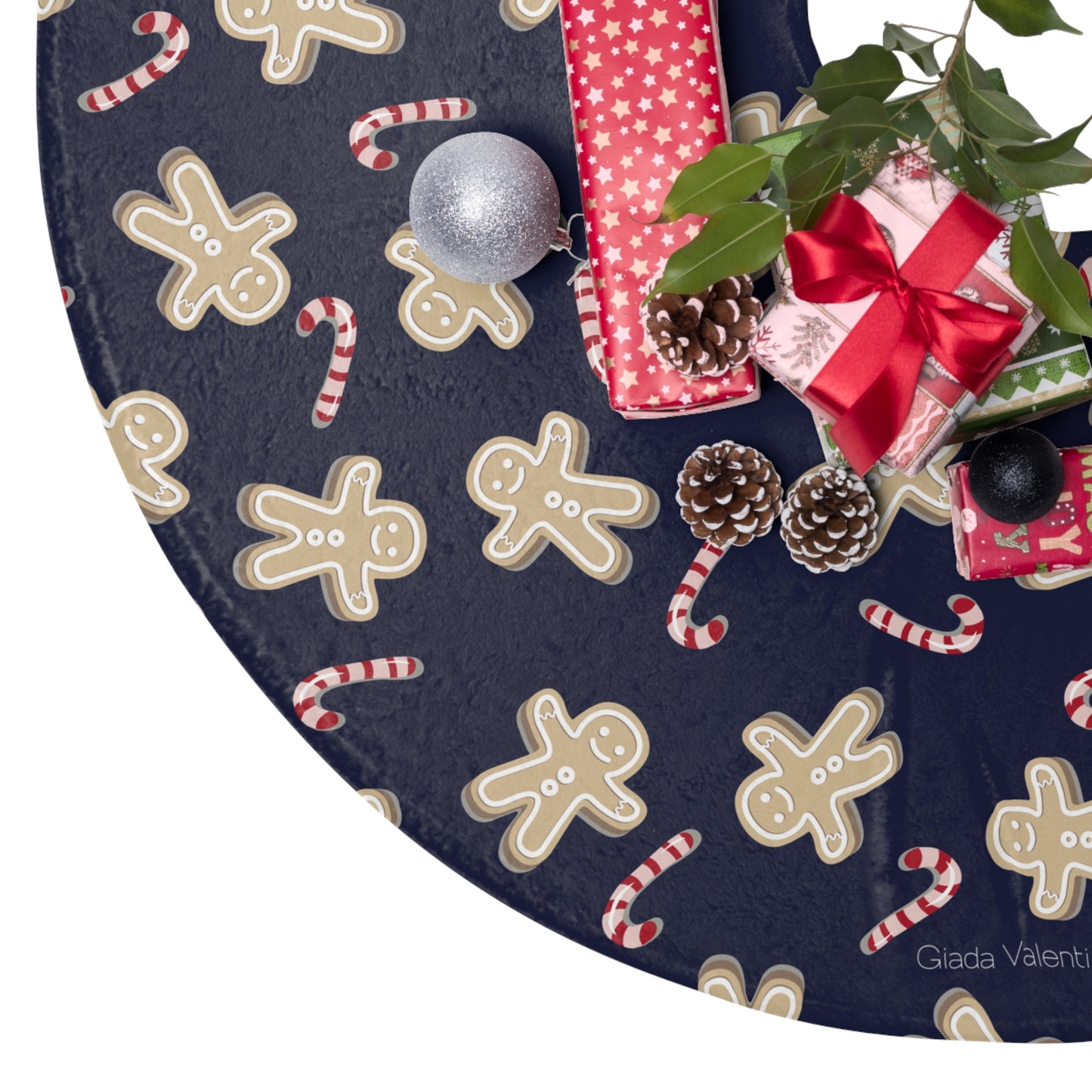 Ginger Bread Candy Cane Tree Skirt with Italian Design print | Blue | Giada Valenti | Christmas Decoration | Christmas Gift